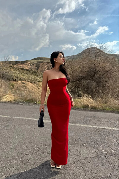 MOZENA Straplez Arkası Yırtmaçlı Uzun Elbise