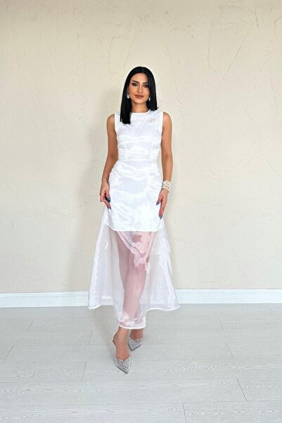 My Reality Fashion White Organza Detailed Atlas Dress