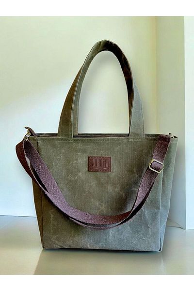 Nuggita Khaki Canvas Strap Shoulder Bag - Waxed Vertical Satchelbag