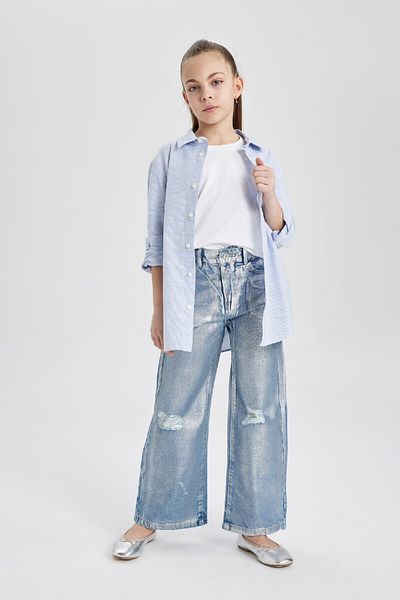 DeFacto Pantaloni de jeans pentru fetiță cu picior largi, rupte, cu detaliu, C1989a824sp