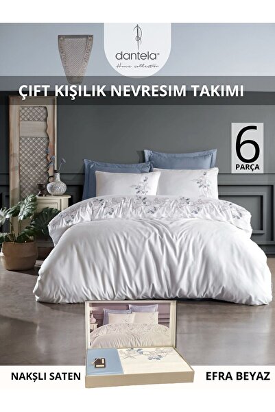 Dantela EFRA BEYAZ Nakışlı Pamuk Saten Nevresim Takımı 6 parca