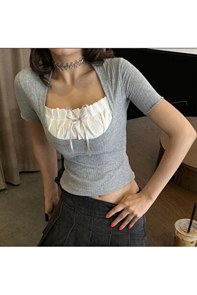 DarkellaStore Lolita Y2K Harajuku Gray Lace Ribbon Collar Short Sleeve Blouse