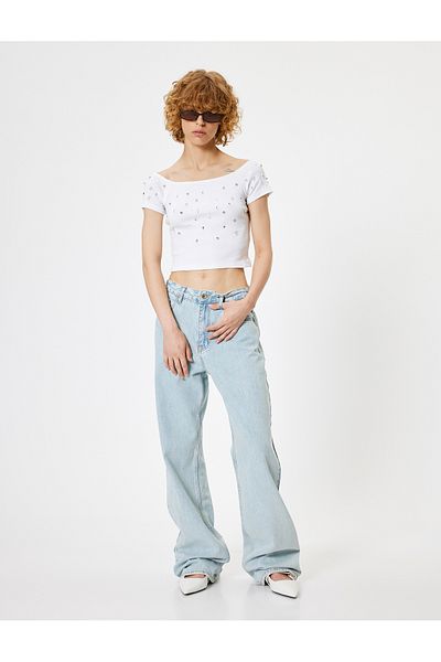 Koton New Season Boat Neck T-Shirt Stone Detailed Camisole Slim Fit Short Sleeve