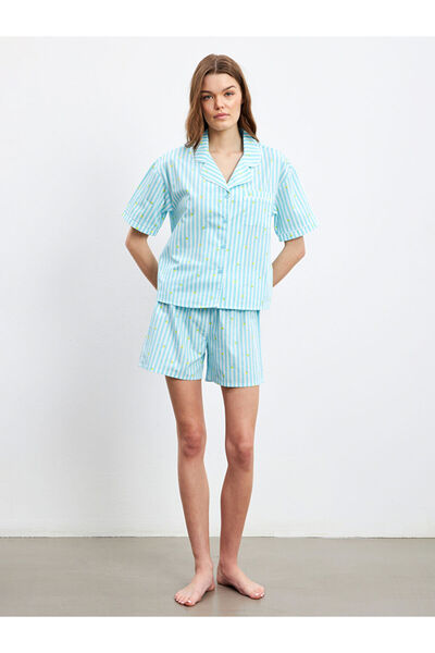 LC Waikiki Σετ γυναικεία πιτζάμα με ριγέ γιακά και σορτς LCW DREAM Blue Shirt
