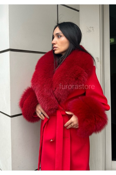 Furora Store Kaşmir Kadın Palto- Kürklü Kaşmir Ceket- Uzun kadın Kürklü Ceket