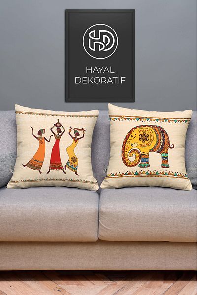 Hayal Dekoratif African Themed Red Yellow Colored Gift 2-Piece Digital Printed Sofa Cushion Covers