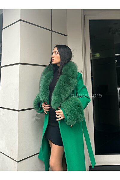 Furora Store Kaşmir Kadın Palto- Kürklü Kaşmir Ceket- Uzun kadın Kürklü Ceket