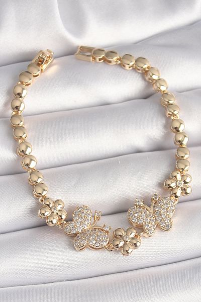 ForWhat Butterfly Flower Chain Bracelet with Golden Brass Zircon for Elegant Woman