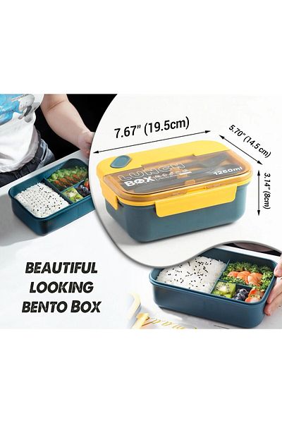 fulina Lunch Box,with 3 Compartments for 1250ml Storage,Leakproof Feature,Dishwasher Safe ,Blue