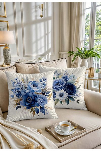 Şah Dekor Set de huse de pernă decorative din 2 piese, cu model de flori albastre, crem