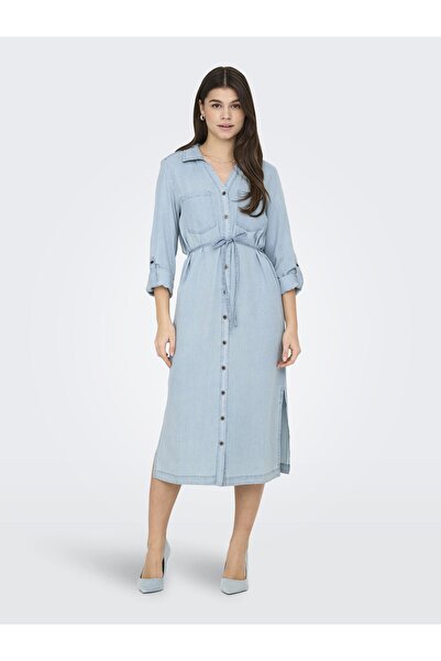 ONLY Gömlek Yaka Düz Açık Mavi Uzun Kadın Elbise ONLCHARIS LIFE LS BEL SHIRT ...