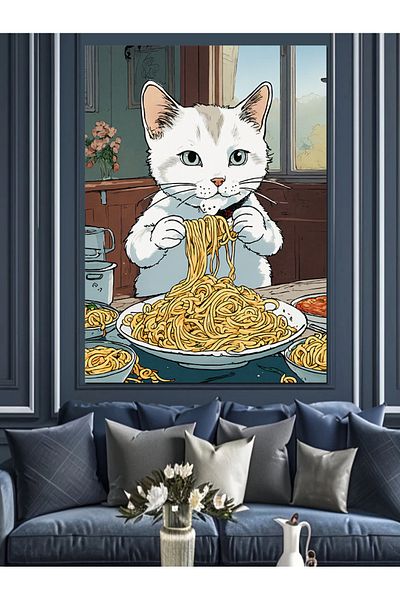 Tablomega Pânză decorativă Afacan Cat și Spaghetti Pasta - Lemn MDF