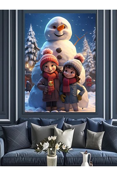 Tablomega Διακοσμητικός καμβάς Snowman And Kids - Ξύλινος πίνακας MDF