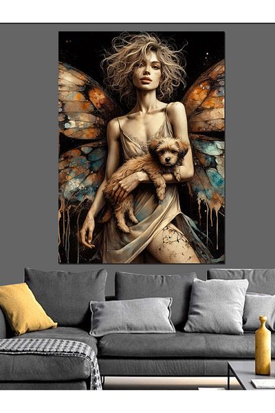 Tablomega Pânză Decorativă Femeie Cu Aripă De Câine și Fluture - Lemn MDF