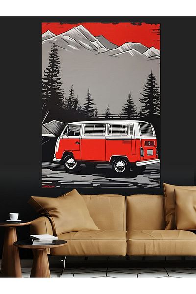 Tablomega Pânză Decorativă Minibus Roșu Retro - Lemn MDF