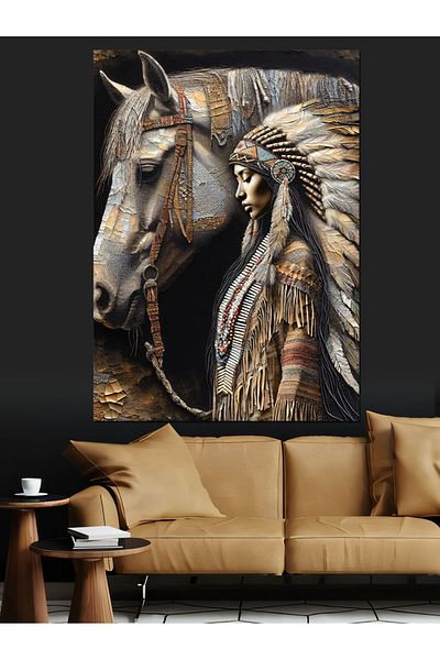 Tablomega Pânză decorativă pentru cal și fată indiana - pictură din lemn MDF