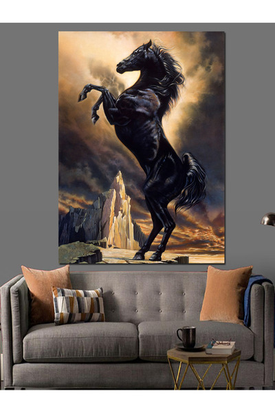 ekart Şahlanan Siyah At Dekoratif Kanvas - Mdf Ahşap Tablo