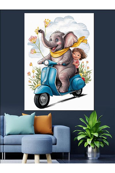 Tablomega Elefant Vespa și Fată Pânză Decorativă - Lemn MDF