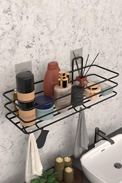 risingmaber Metal Siyah Yapışkanlı Banyo Düzenleyici Raf, Şampuanlık Duş Rafı ve Organizer MT119S