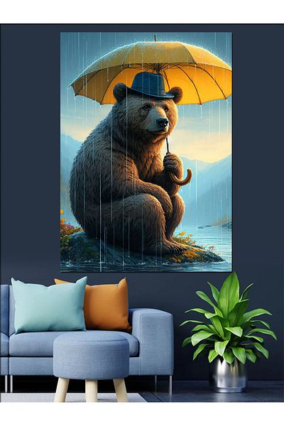 Tablomega Διακοσμητικός καμβάς Rain And Umbrella Bear - Ξύλινος πίνακας MDF