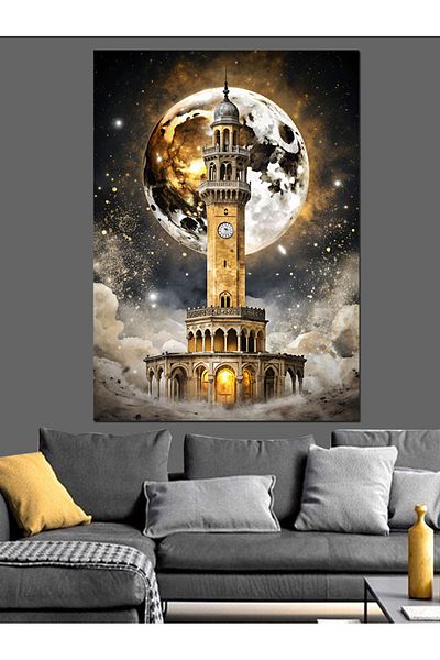 Tablomega Διακοσμητικός καμβάς Izmir Clock Tower And Full Moon - Ξύλινος πίνακας MDF