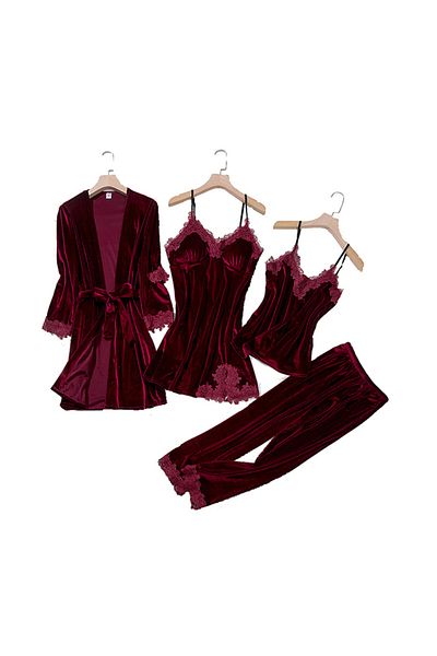 ENAR 4-Piece Solid Sleepwear Pyjama Set Wine Red 2XL