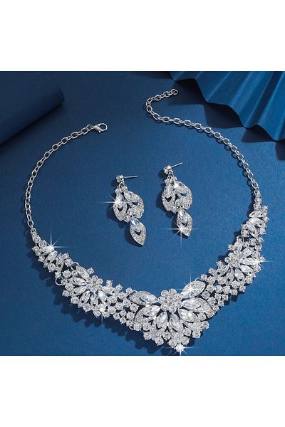 Choice 808344-white 3pc Women's Wedding Season Fashion Luxury Flower Necklace Earrings Jewelry Set Suitable