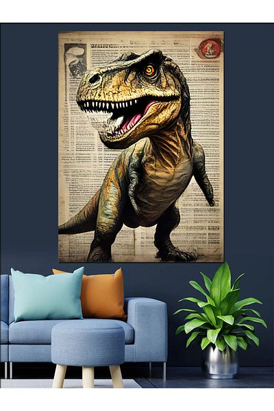 Tablomega Fundal de ziar cu dinozauri Pânză decorativă - Pictură din lemn MDF