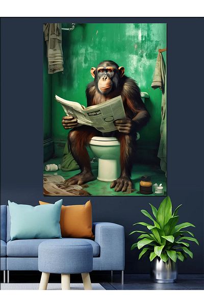 Tablomega Maimuța Charlie care citeste reviste pe toaletă Pânză decorativă - Pictură din lemn MDF