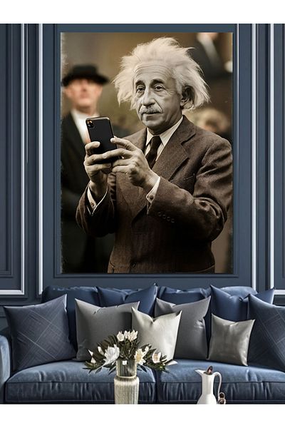 Tablomega Albert Einstein și telefon pânză decorativă - pictură din lemn MDF