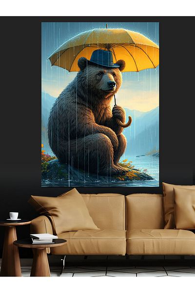 Tablomega Διακοσμητικός καμβάς Rain And Umbrella Bear - Ξύλινος πίνακας MDF