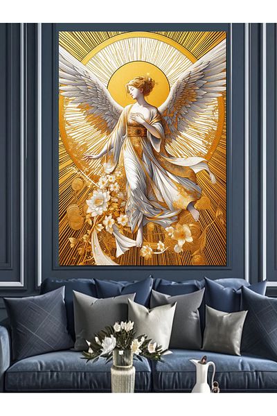 Tablomega Pânză decorativă pentru femei cu înger cu aripi de aur - pictură din lemn MDF
