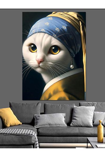 Tablomega Pânză decorativă cu pisică albă drăguță - pictură din lemn MDF