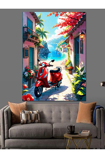 Tablomega Vespa Roșie și Casa de Vară Pânză Decorativă - Lemn MDF