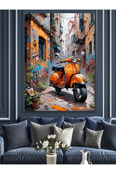 Tablomega Scooter Retro Portocaliu Motocicletă Pânză Decorativă - Lemn MDF Pictat