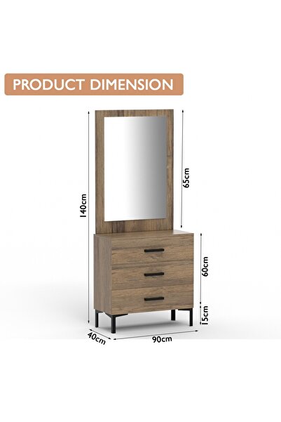 Mahmayi Dresser with Large Vanity Mirror and 3 Storage Drawers - Vintage Santa Fe Oak