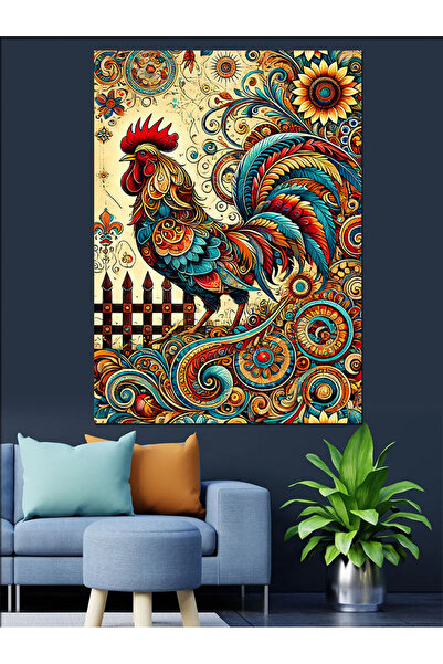 ekart Renkli Horoz Deseni Dekoratif Kanvas - Mdf Ahşap Tablo