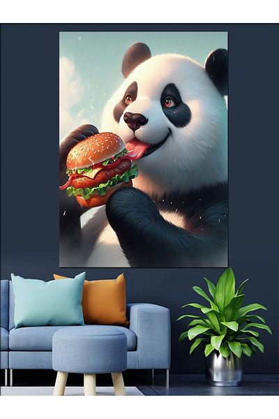 Tablomega Χαριτωμένο Panda που τρώει χάμπουργκερ Διακοσμητικός καμβάς - Ξύλινος πίνακας MDF