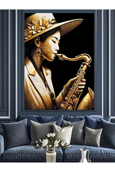 Tablomega Pânză Decorativă Fată Cântând Saxofon - Lemn MDF