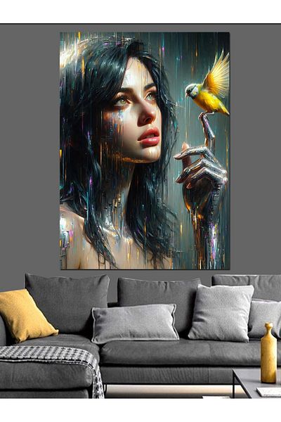 Tablomega Διακοσμητικός καμβάς Yellow Bird And Woman - Ξύλινος πίνακας MDF