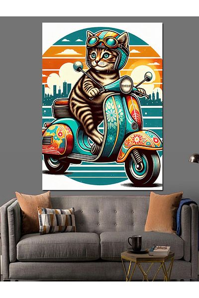 Tablomega Pânză decorativă Pisica care conduce motocicletă - Lemn MDF