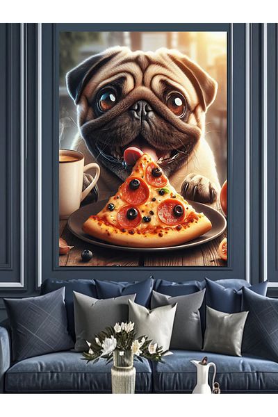 Tablomega Pug Dog Munching Pizza Canvas Decorativ - Lemn MDF Pictat