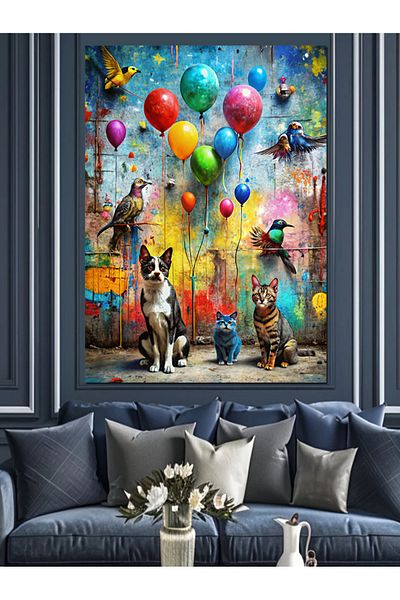 Tablomega Pânză decorativă cu baloane colorate și animale - Lemn MDF