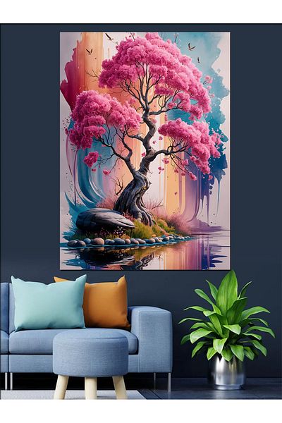 Tablomega Pânză decorativă cu copac roz - Lemn MDF