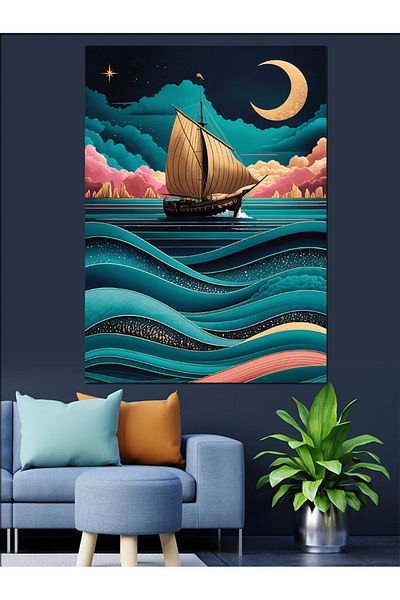 Tablomega Luna și Navă Pânză Decorativă - Lemn MDF