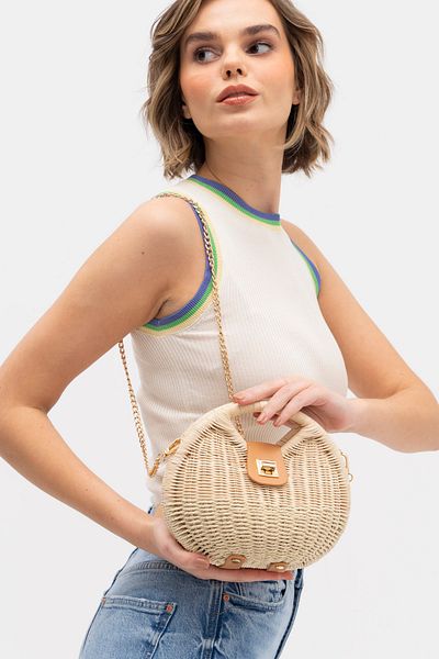 FASHION COCKTAIL Дамска лятна чанта от естествена слама - заключена и с презрамка за рамо