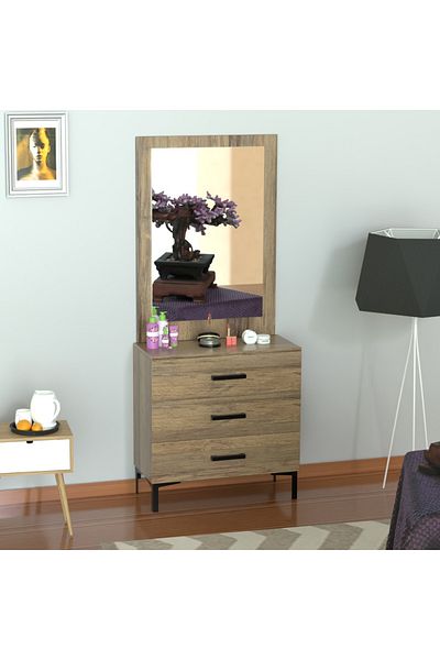 Mahmayi Dresser with Large Vanity Mirror and 3 Storage Drawers - Vintage Santa Fe Oak