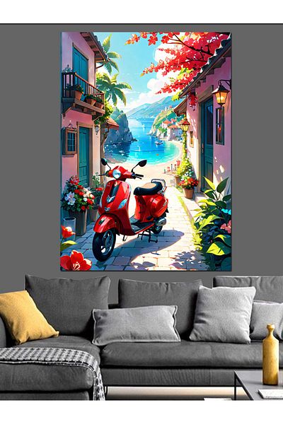 Tablomega Vespa Roșie și Casa de Vară Pânză Decorativă - Lemn MDF