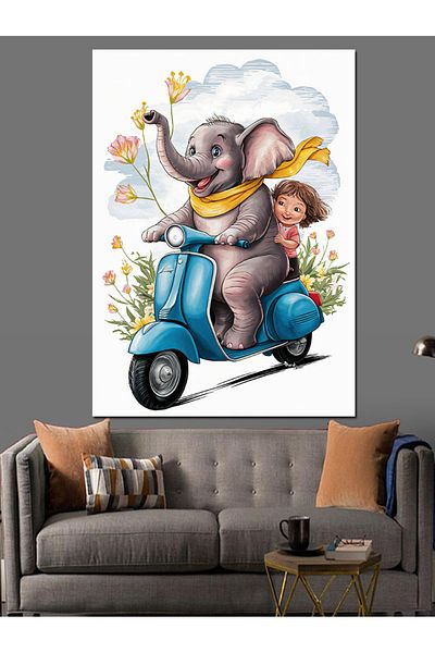 Tablomega Elefant Vespa și Fată Pânză Decorativă - Lemn MDF