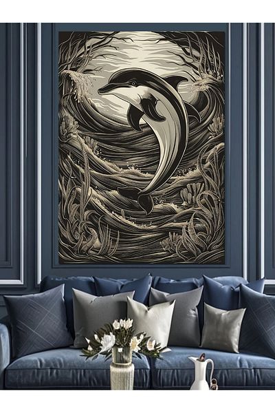 Tablomega Pânză decorativă Black White Dolphin Dolphine - Lemn MDF